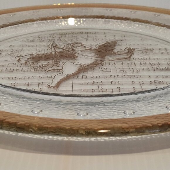 Vintage 13" Italian Glass Serving Platter With Gold Trim Cherub Musical Notes - Picture 5 of 9